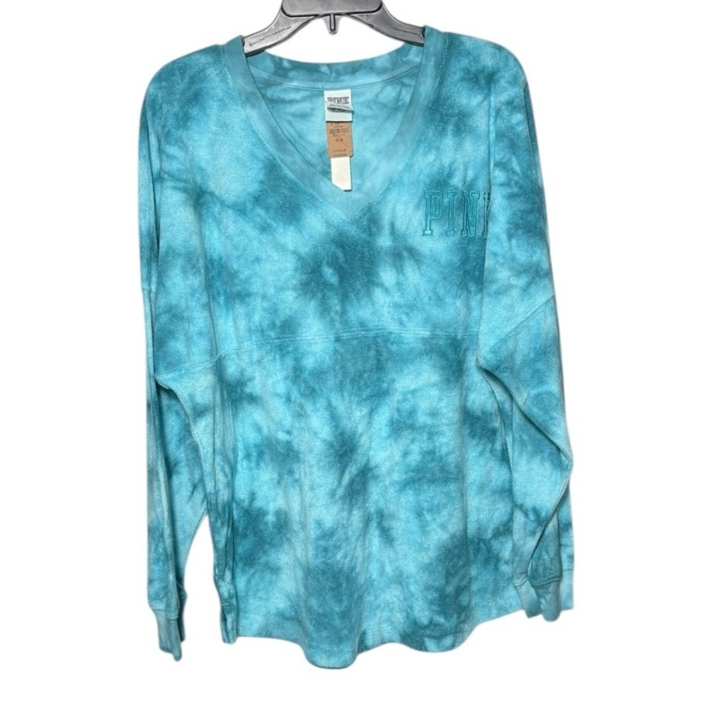 Victoria Secret PINK Blue Tie Dye Terry Sweatshirt V-Neck Size Medium